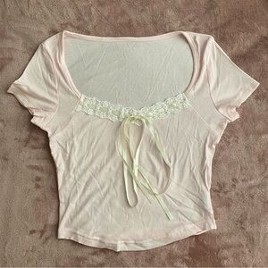 NWOT Shein XS Light Pink Crop Top with White Lace Trim & Ribbon